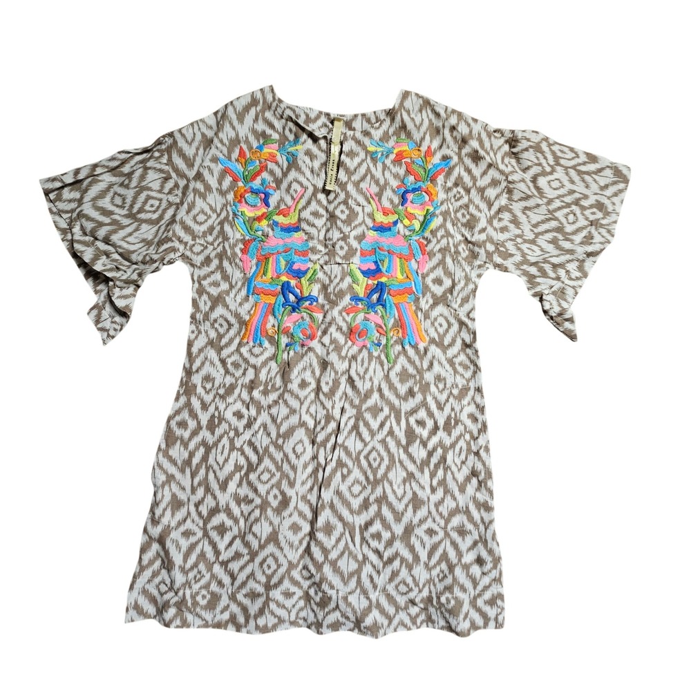 Uncle Frank Linen Ikat Bird Embroidered Shift Mini Dress XS Boho Coastal Resort